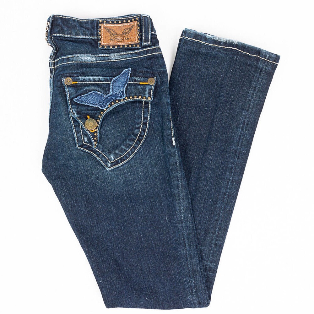 Robins Jean Long Flap Slim Boot Womens Jeans Flap Pockets Dark Wash Size 26/31